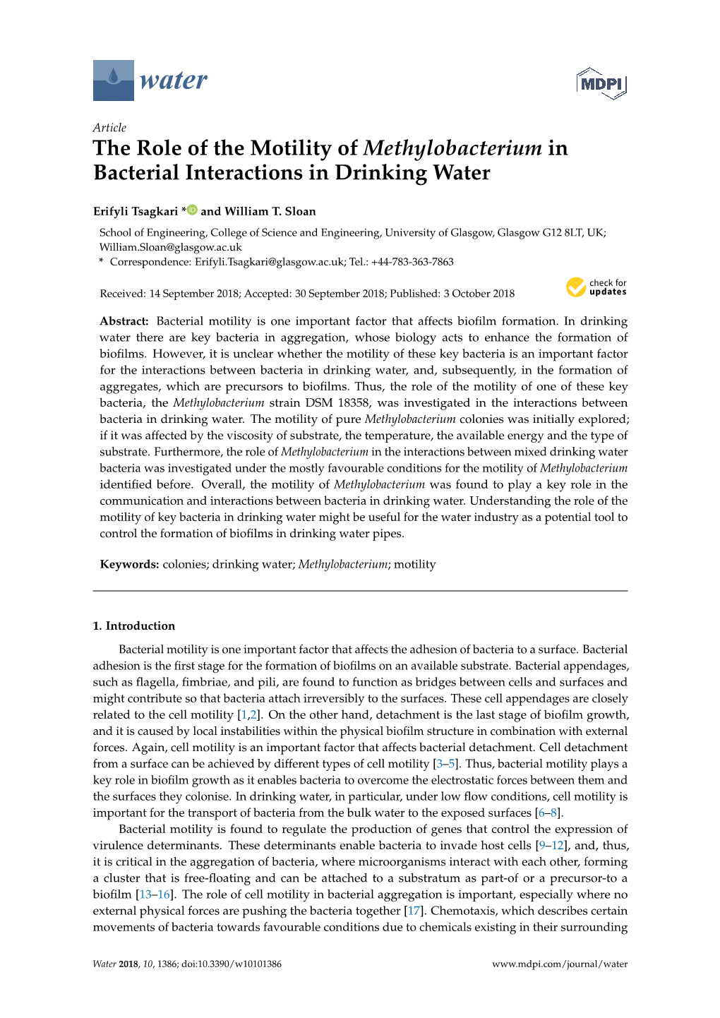 The Role of the Motility of Methylobacterium in Bacterial Interactions in Drinking Water