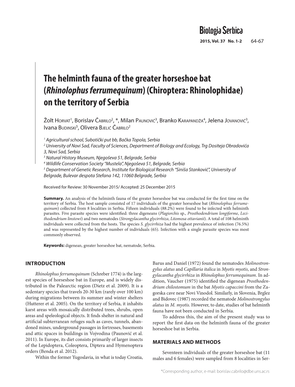 Rhinolophus Ferrumequinum) (Chiroptera: Rhinolophidae) on the Territory of Serbia