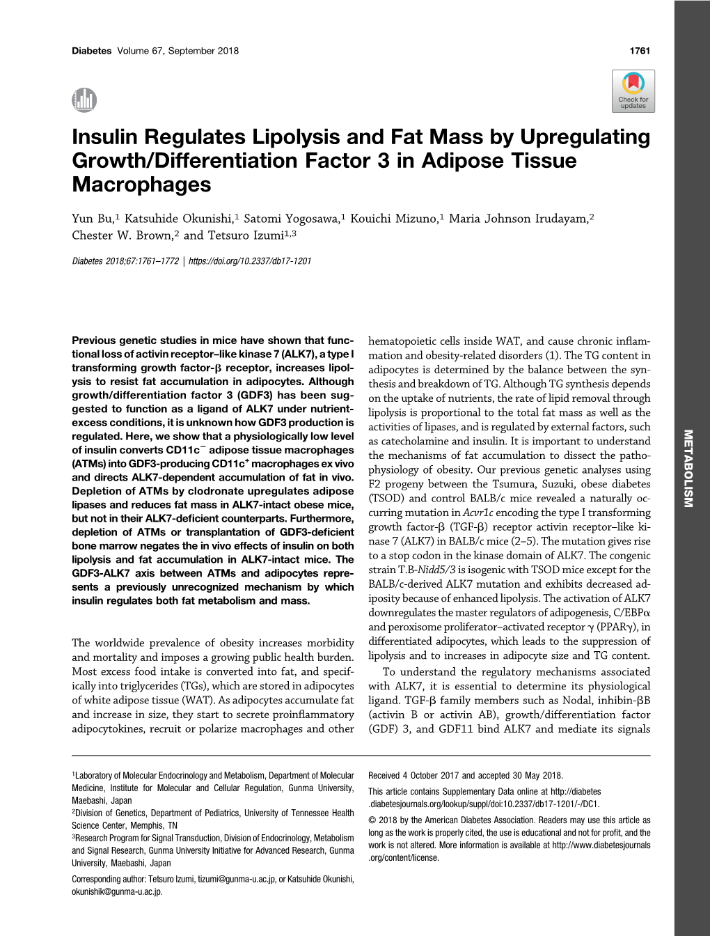 Insulin Regulates Lipolysis and Fat Mass by Upregulating Growth/Differentiation Factor 3 in Adipose Tissue Macrophages