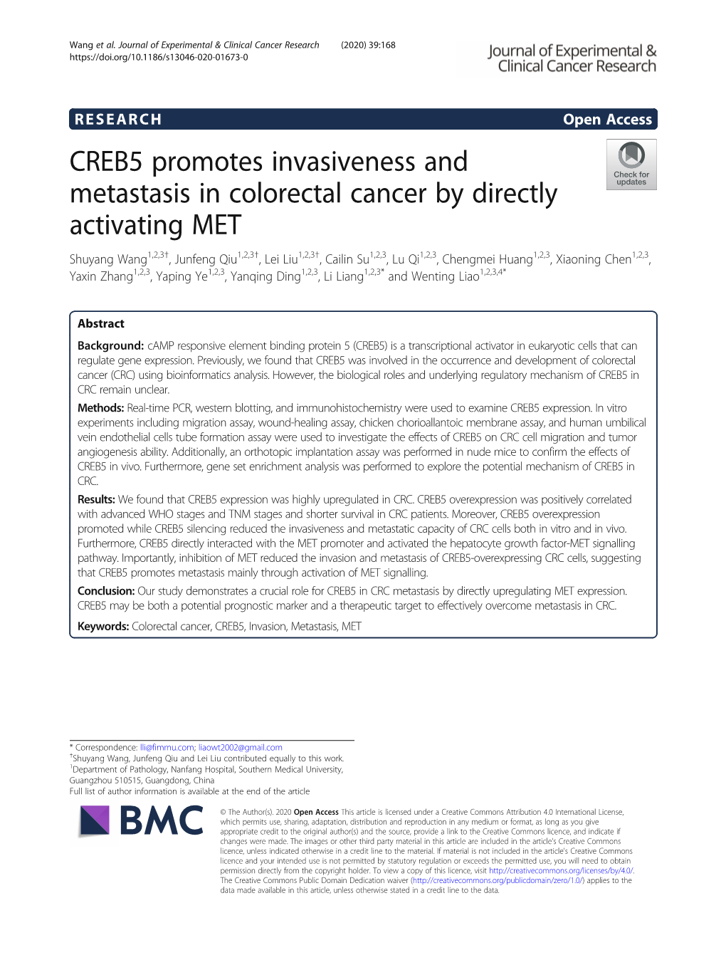 CREB5 Promotes Invasiveness and Metastasis in Colorectal Cancer By