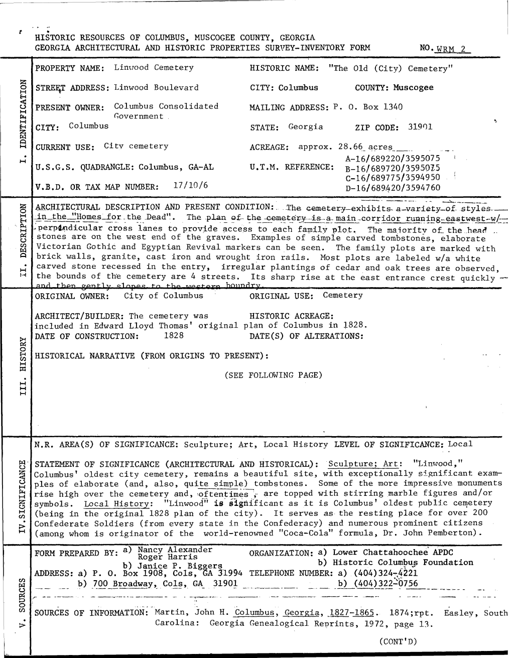 Historic Resources of Columbus, Muscogee County, Georgia Georgia Architectural and Historic Properties Survey-Inventory Form No..Wrm 2