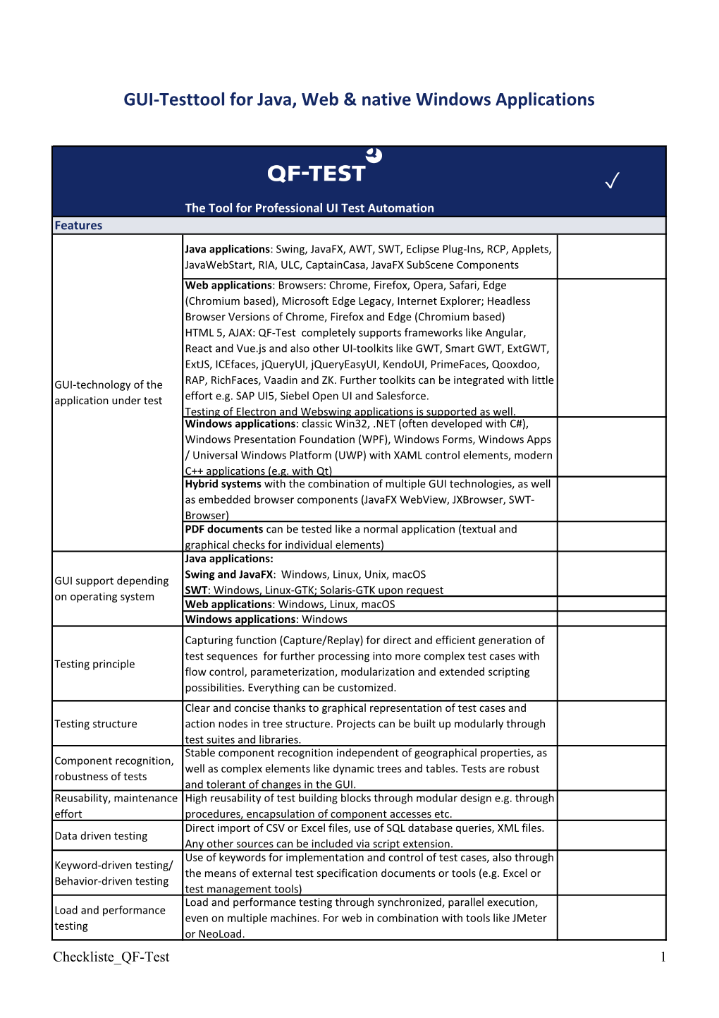 Checklist: Requirements GUI Test Tool for Java, Web