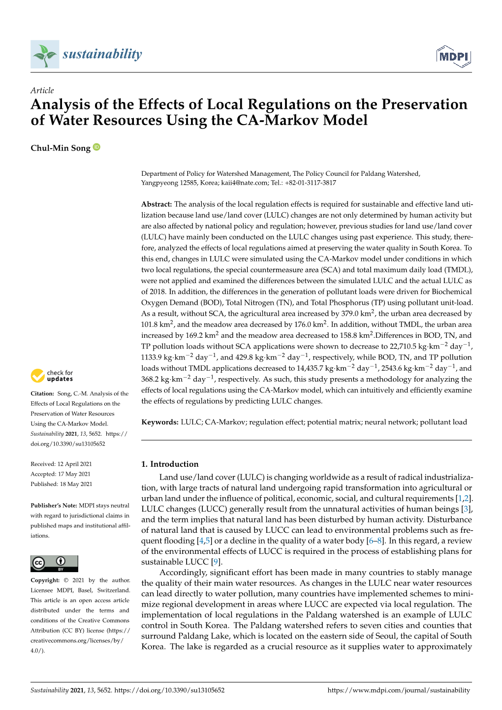 Analysis of the Effects of Local Regulations on the Preservation of Water Resources Using the CA-Markov Model