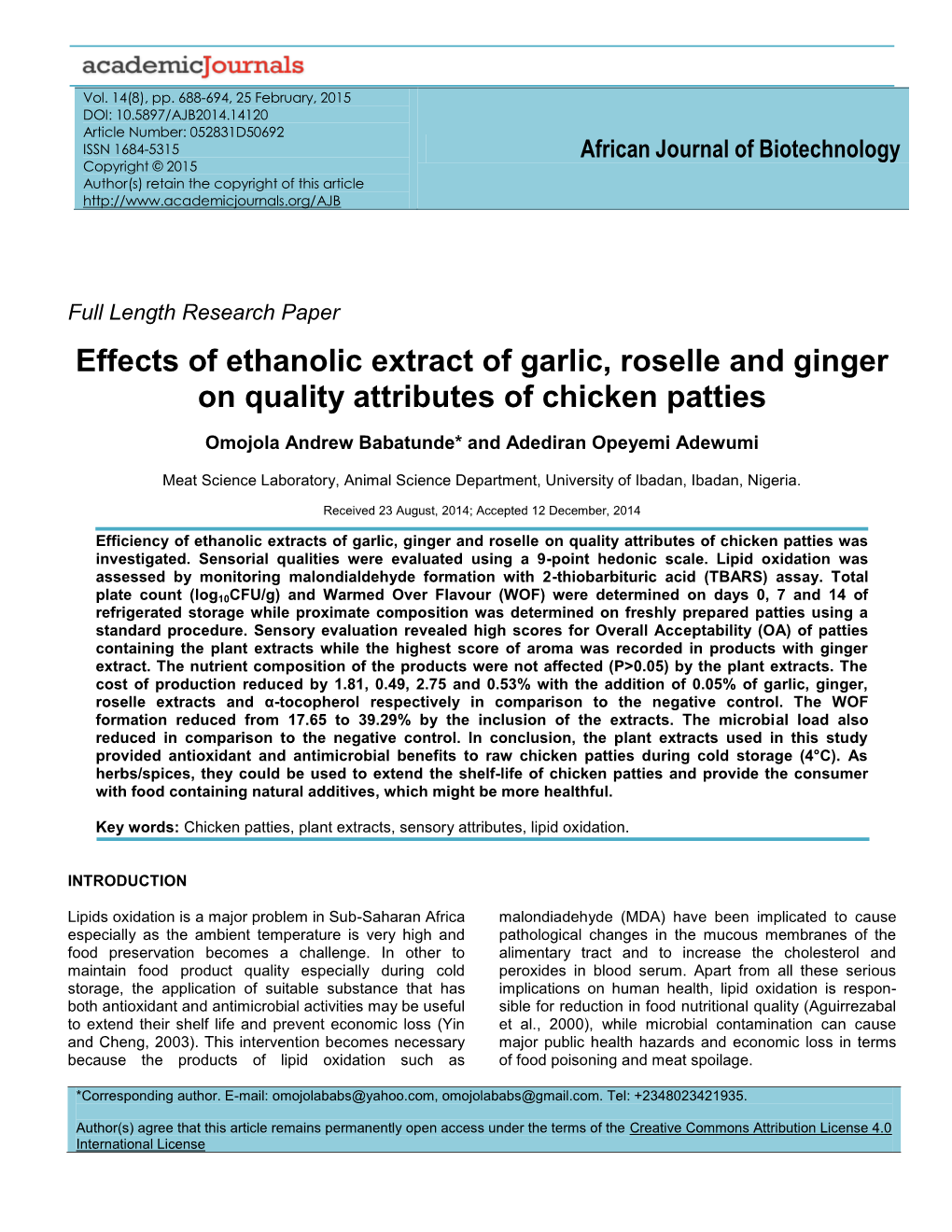 Effects of Ethanolic Extract of Garlic, Roselle and Ginger on Quality Attributes of Chicken Patties