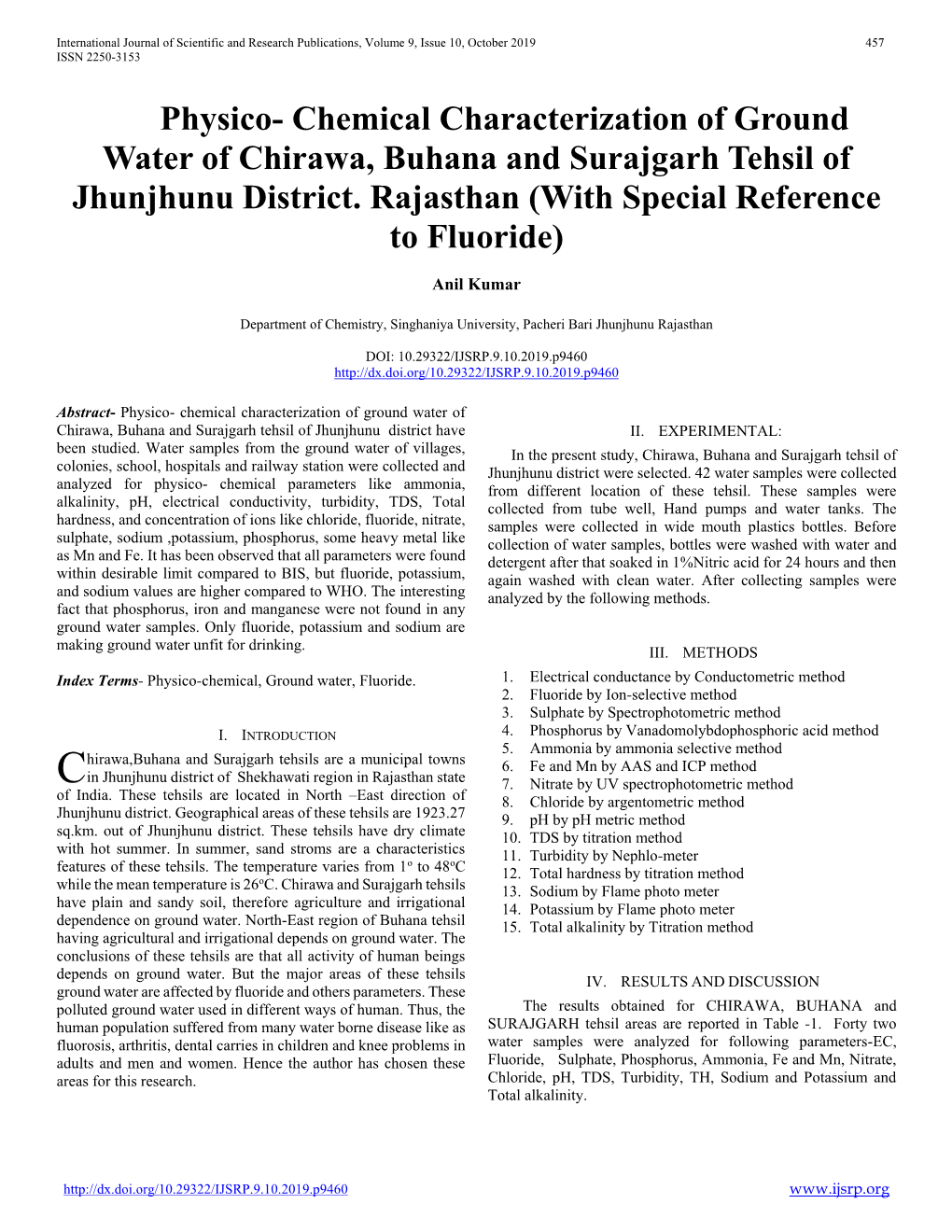 Physico- Chemical Characterization of Ground Water of Chirawa, Buhana and Surajgarh Tehsil of Jhunjhunu District