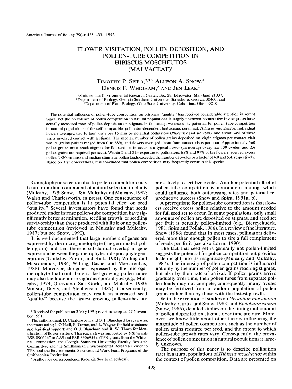 Flower Visitation, Pollen Deposition, and Pollen-Tube Competition in Hibiscus Moscheutos (Malvaceae)