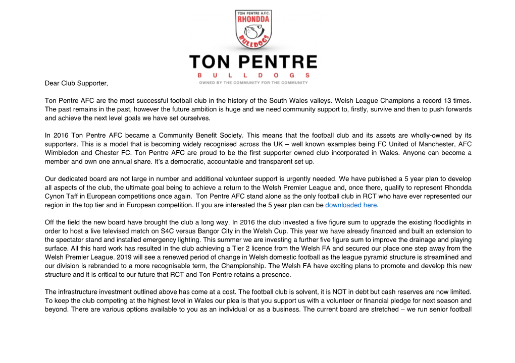 Dear Club Supporter, Ton Pentre AFC Are the Most Successful Football