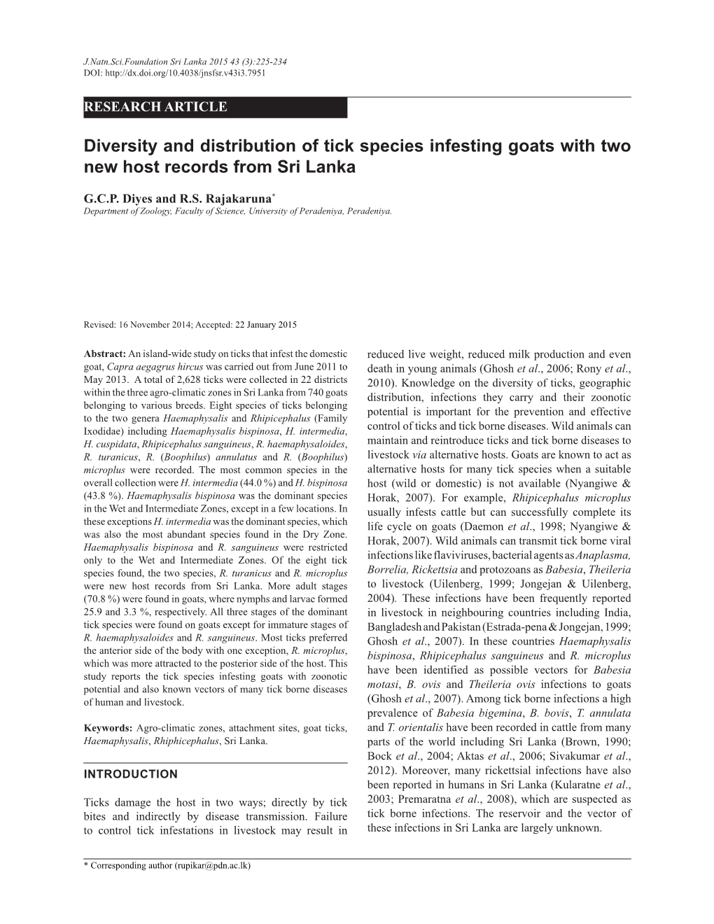 Diversity and Distribution of Tick Species Infesting Goats with Two New Host Records from Sri Lanka