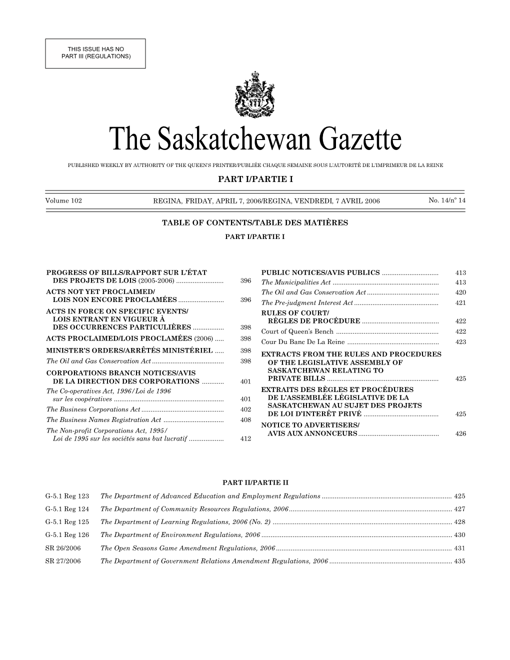 Sask Gazette, Part I, Apr 7, 2006