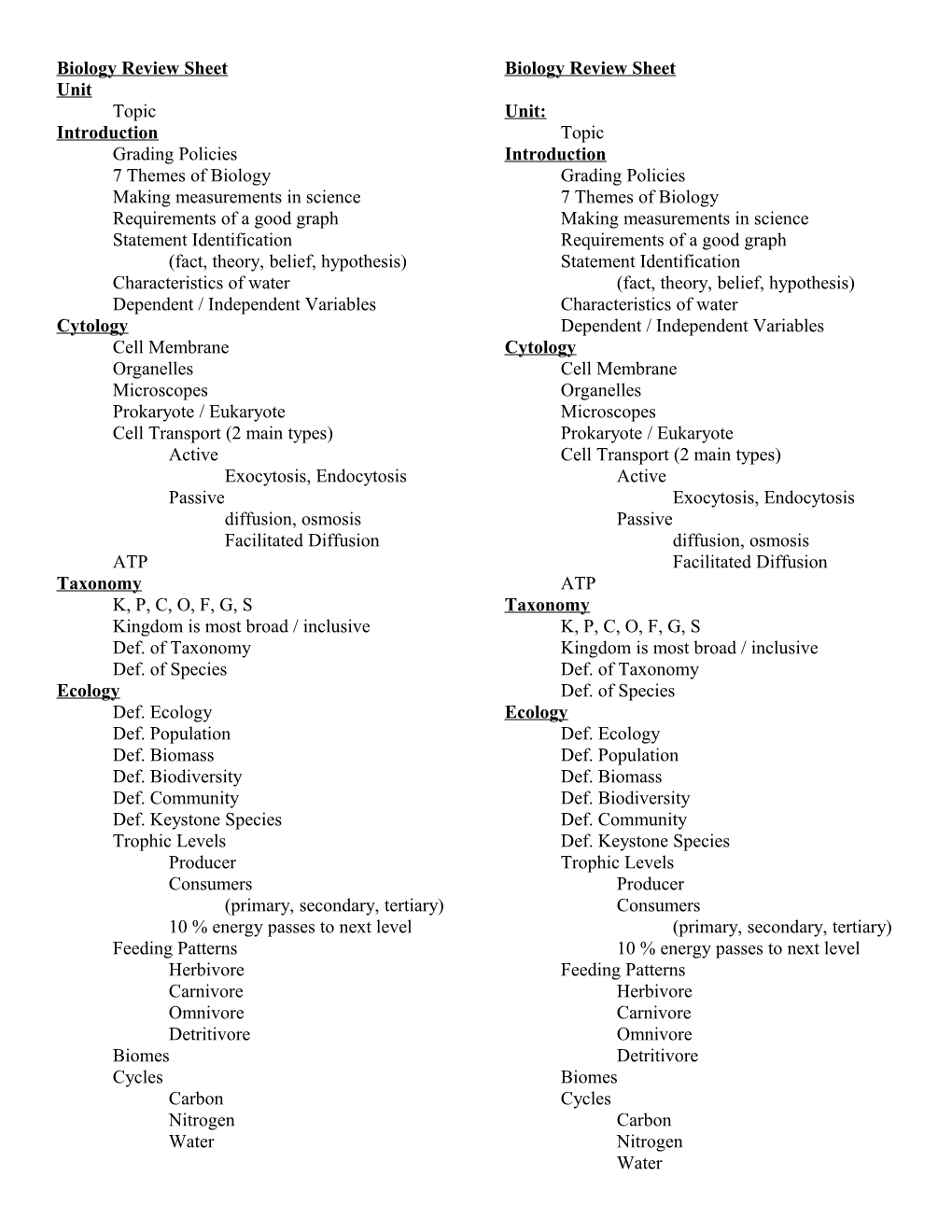 Biology Review Sheet