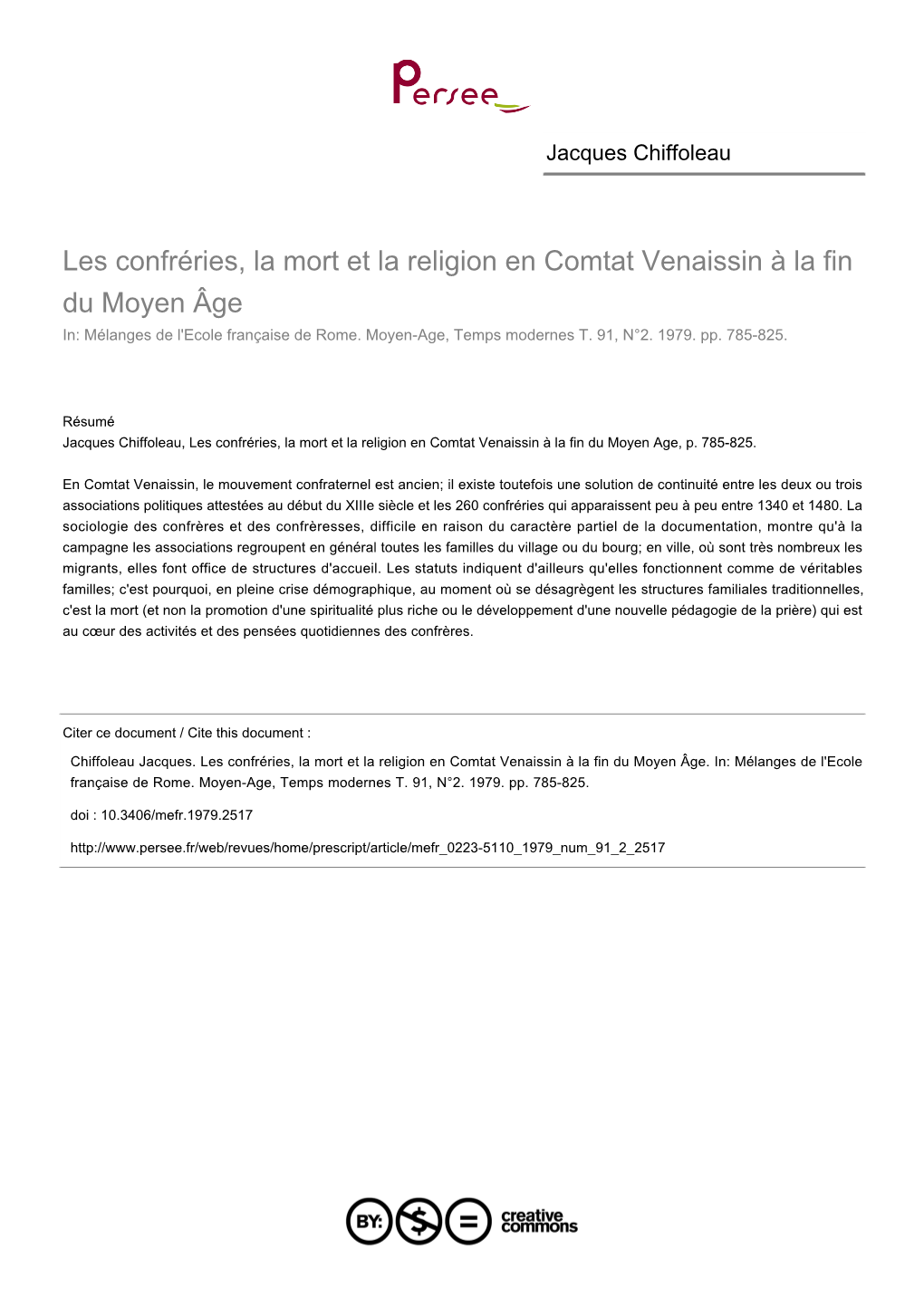 Les Confréries, La Mort Et La Religion En Comtat Venaissin À La Fin Du Moyen Âge In: Mélanges De L'ecole Française De Rome