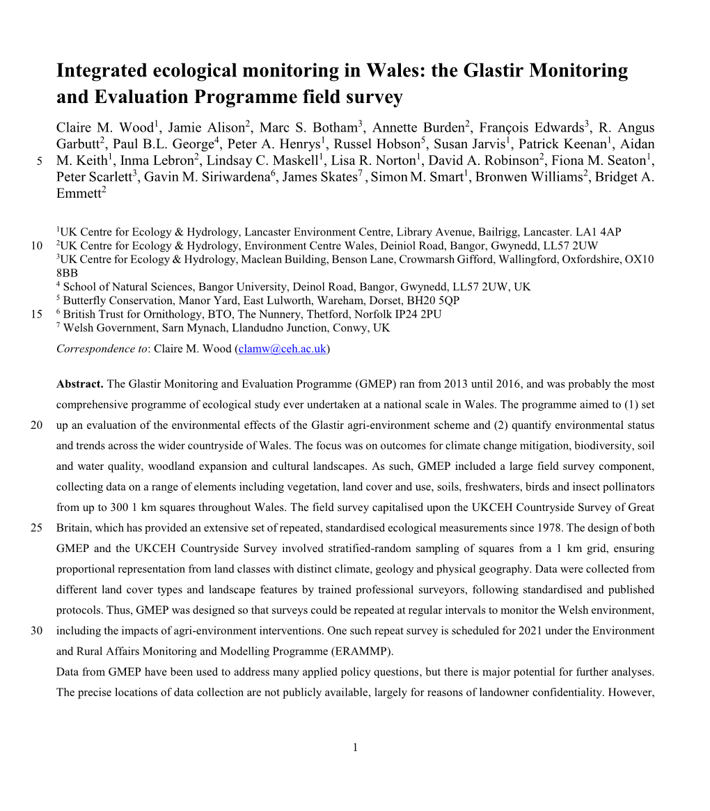 Integrated Ecological Monitoring in Wales: the Glastir Monitoring and Evaluation Programme Field Survey Claire M