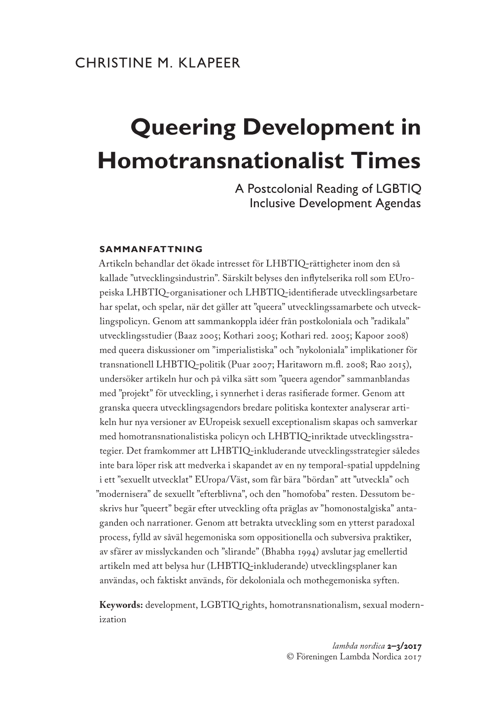 Queering Development in Homotransnationalist Times a Postcolonial Reading of LGBTIQ Inclusive Development Agendas
