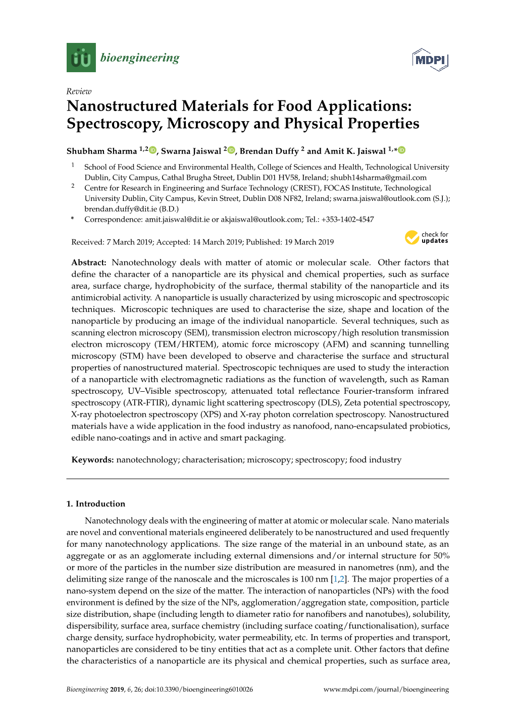 Nanostructured Materials for Food Applications: Spectroscopy, Microscopy and Physical Properties