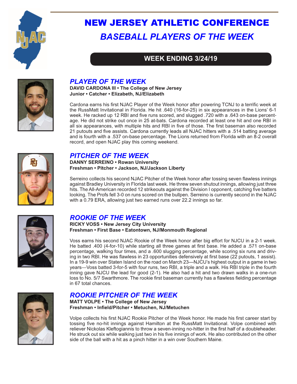 New Jersey Athletic Conference Baseball Players of the Week