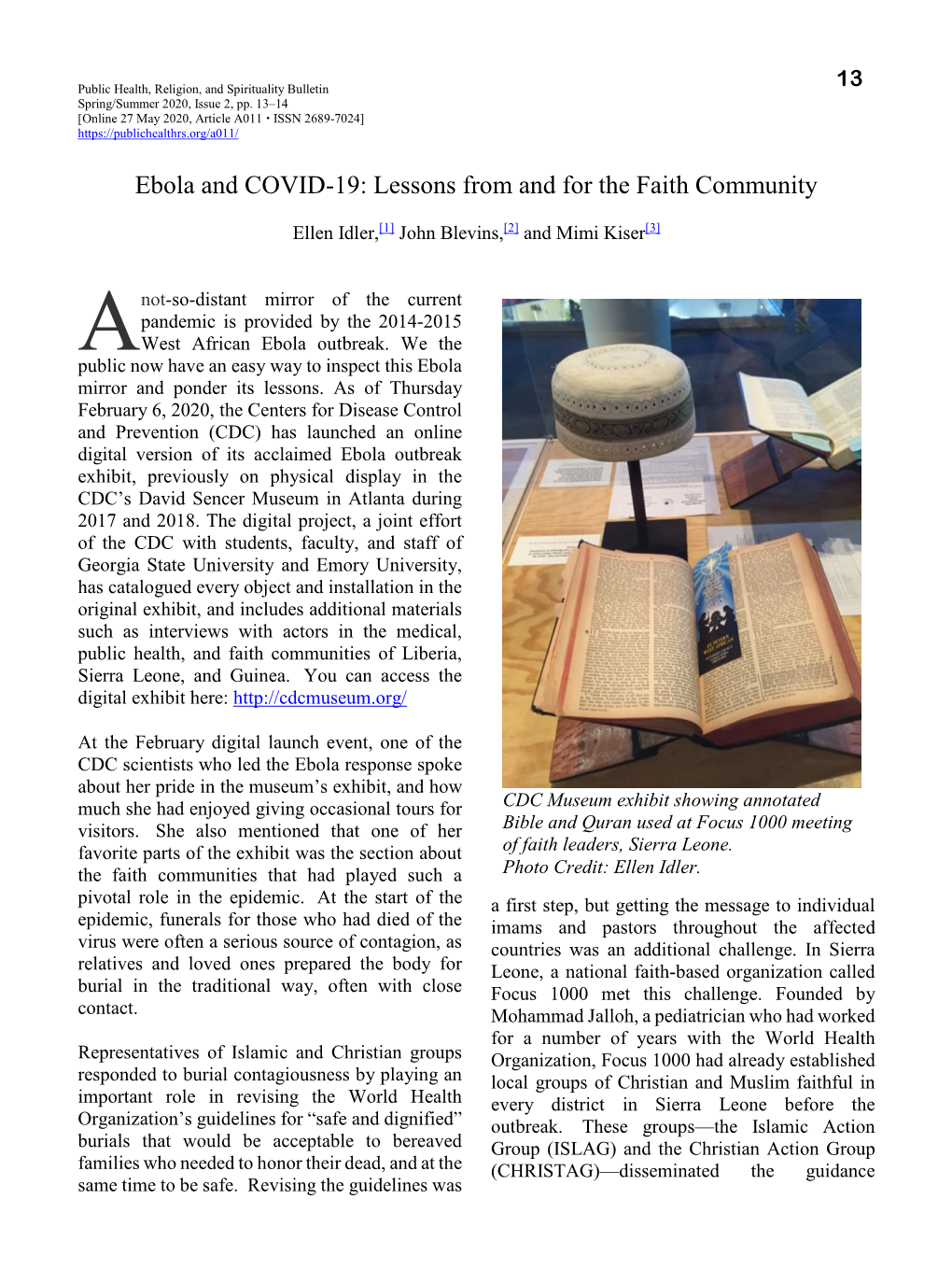 Ebola and COVID-19: Lessons from and for the Faith Community
