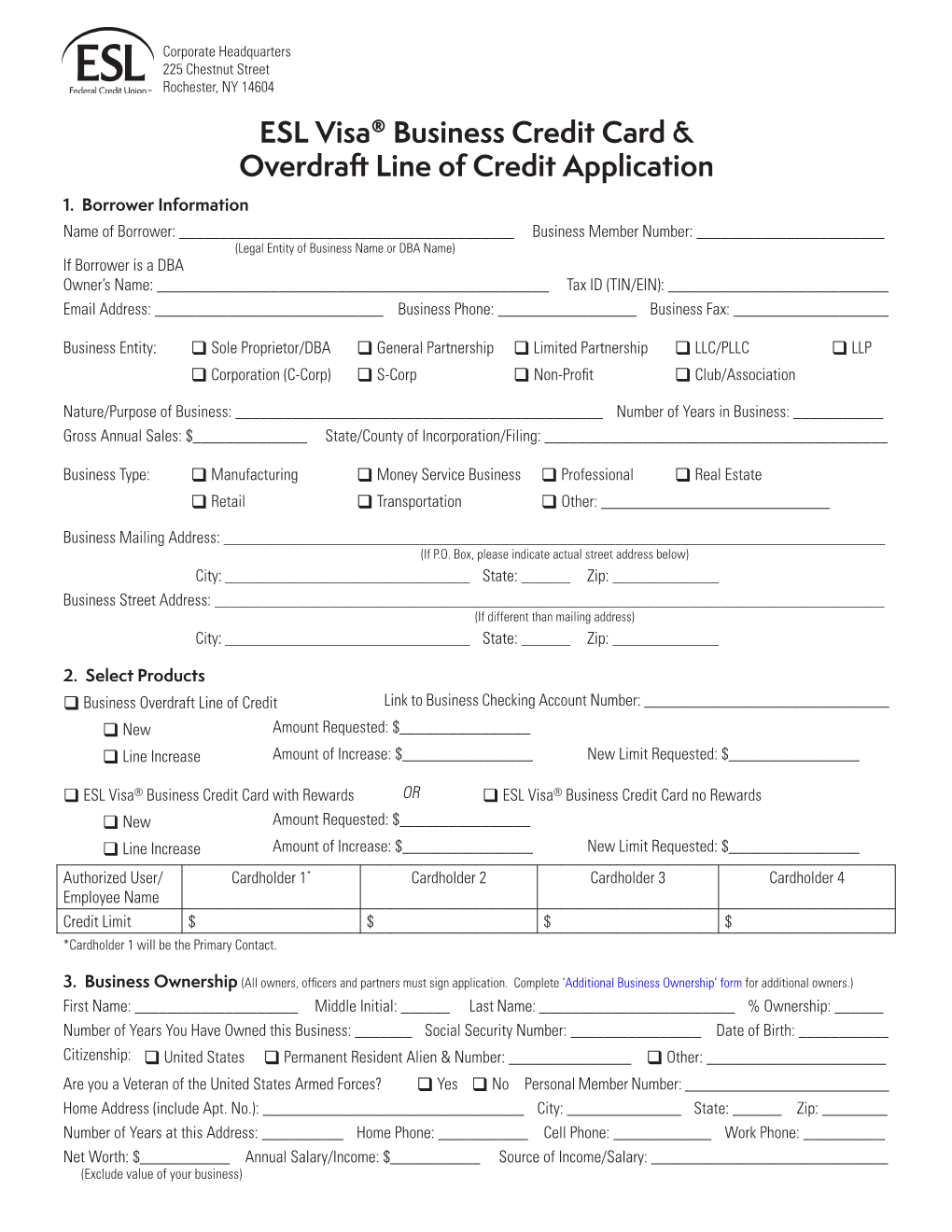 ESL Visa® Business Credit Card & Overdraft Line of Credit Application