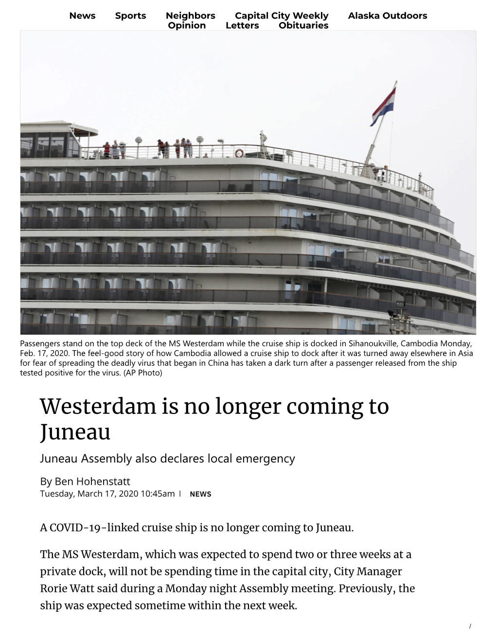 Westerdam Is No Longer Coming to Juneau Juneau Assembly Also Declares Local Emergency