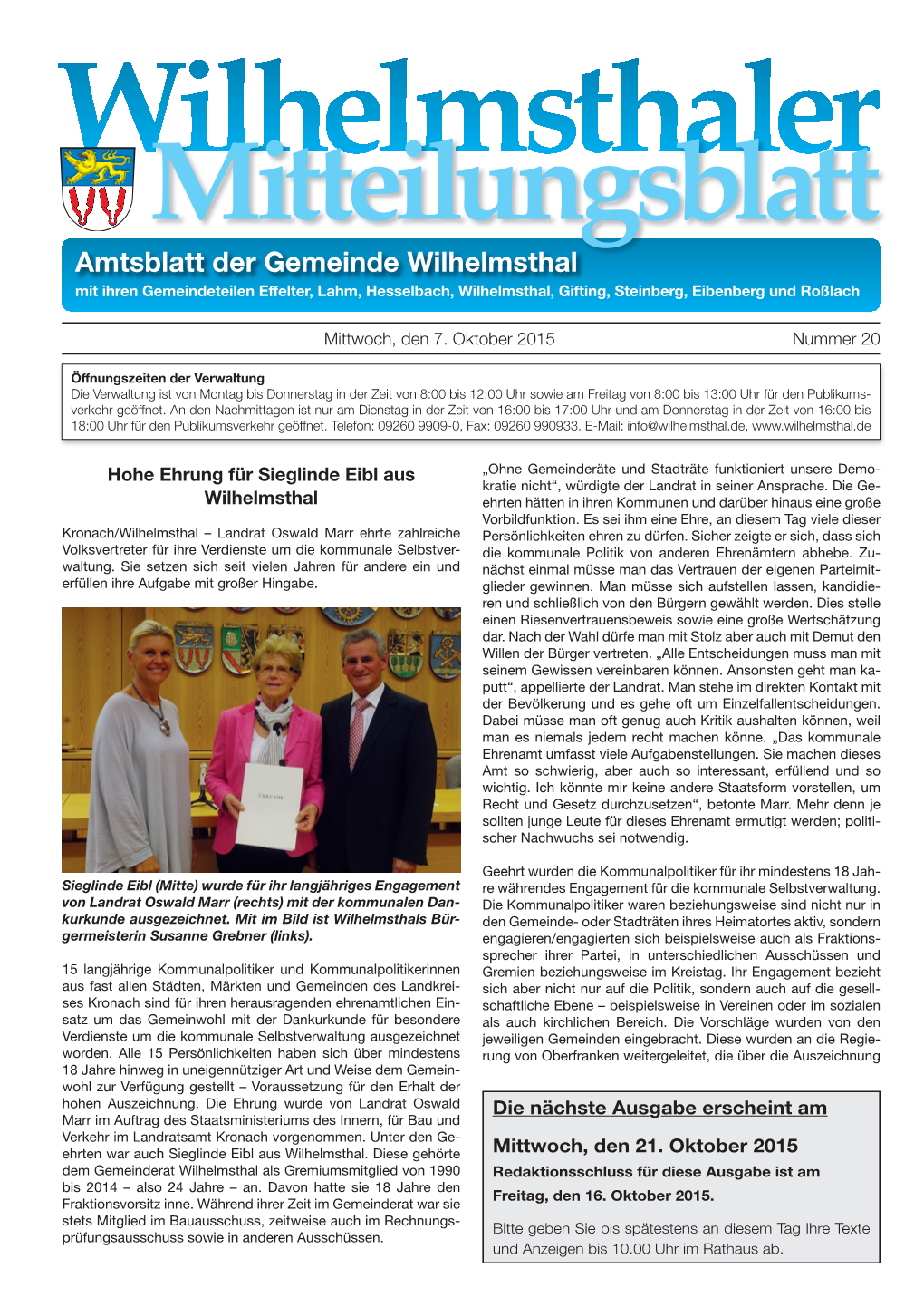 Amtsblatt Der Gemeinde Wilhelmsthal Mit Ihren Gemeindeteilen Eﬀ Elter, Lahm, Hesselbach, Wilhelmsthal, Gifting, Steinberg, Eibenberg Und Roßlach