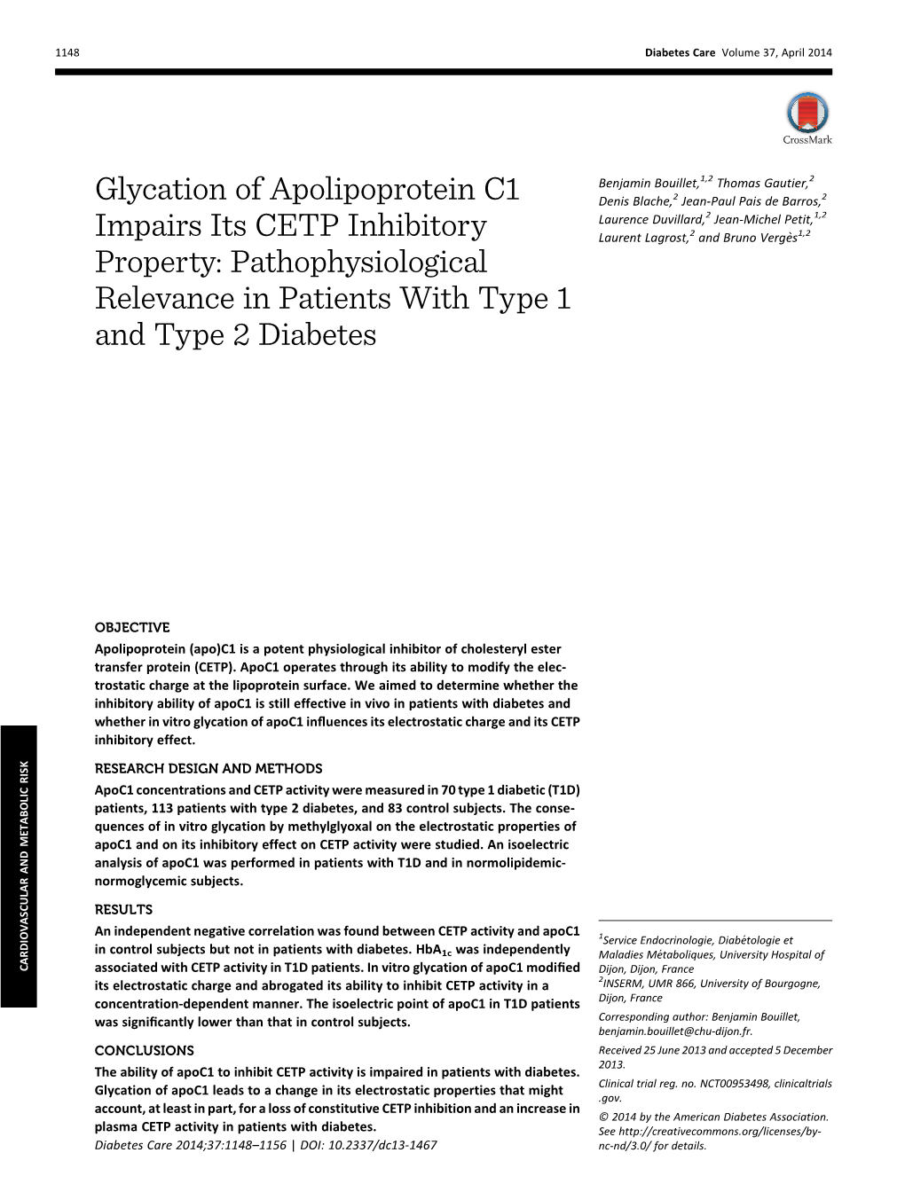 Glycation of Apolipoprotein C1 Impairs Its CETP Inhibitory