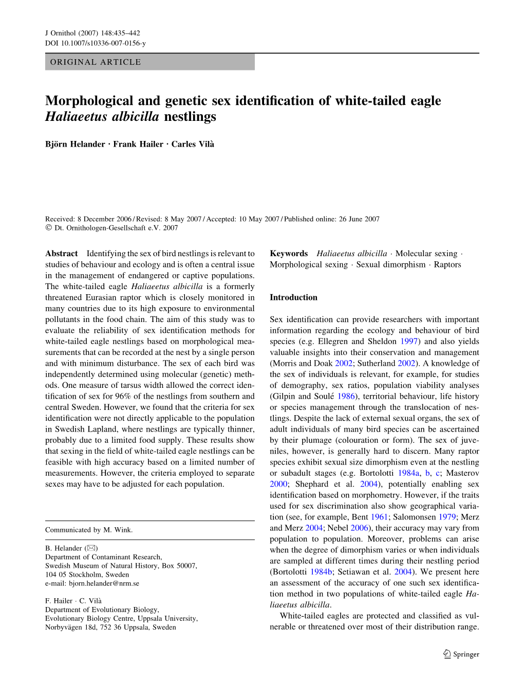 Morphological and Genetic Sex Identification of White-Tailed Eagle