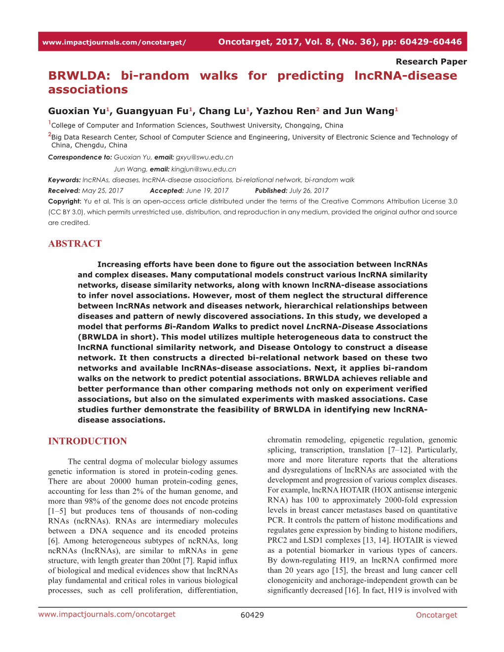 BRWLDA: Bi-Random Walks for Predicting Lncrna-Disease Associations