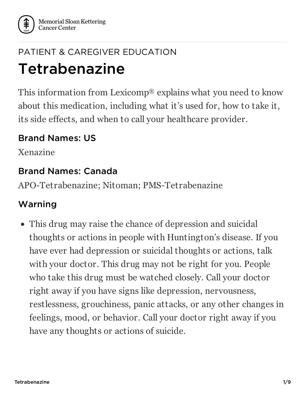 Tetrabenazine | Memorial Sloan Kettering Cancer Center