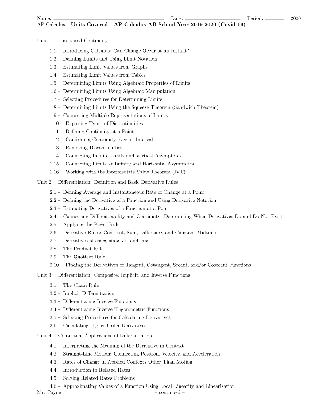 2020 AP Calculus – Units Covered – AP Calculus AB School Year 2019-2020 (Covid-19)