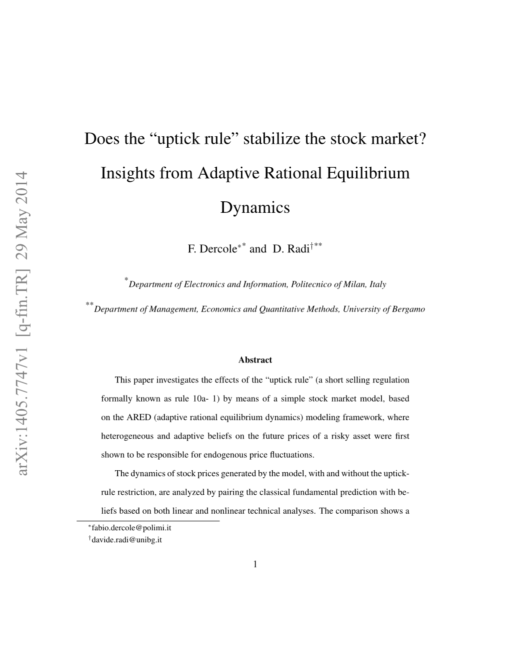 Uptick Rule” Stabilize the Stock Market? Insights from Adaptive Rational Equilibrium Dynamics