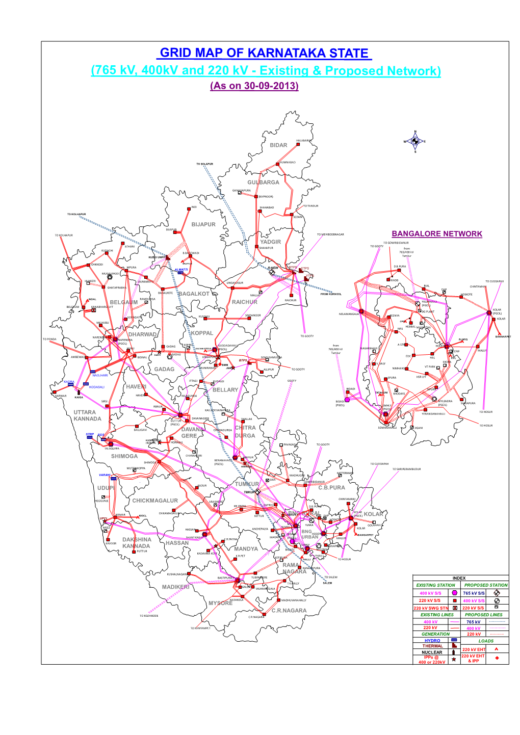 GRID MAP of KARNATAKA STATE (765 Kv, 400Kv and 220 Kv - Existing & Proposed Network) (As on 30-09-2013)