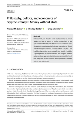Philosophy, Politics, and Economics of Cryptocurrency I: Money Without State