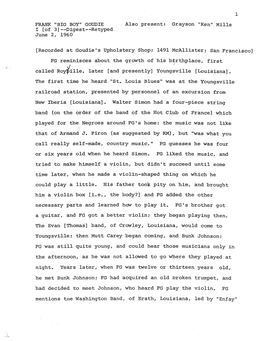 Recorded at Goudie's Upholstery Shop; 1491 Mcallister; San Francisco] FG Reminisces About the Growth of His Birthplace, First / \ >