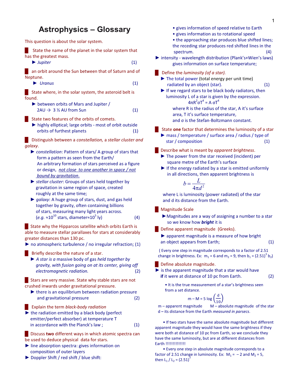 Astrophysics – Glossary • Gives Information of Speed Relative to Earth • Gives Information As to Rotational Speed This Question Is About the Solar System