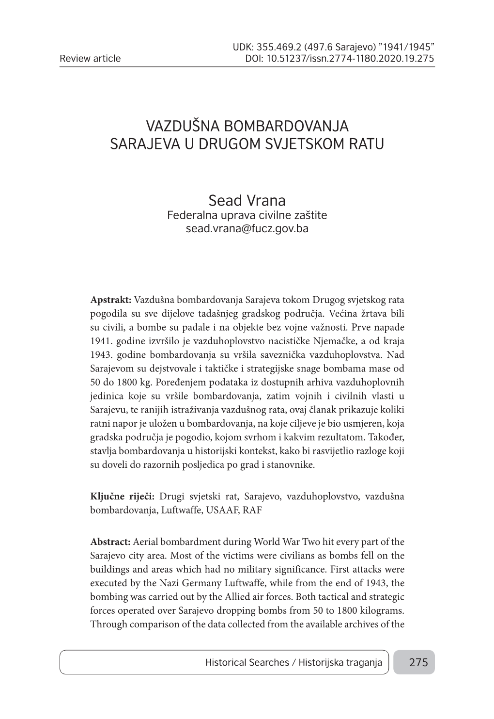 VAZDUŠNA BOMBARDOVANJA SARAJEVA U DRUGOM SVJETSKOM RATU Sead Vrana