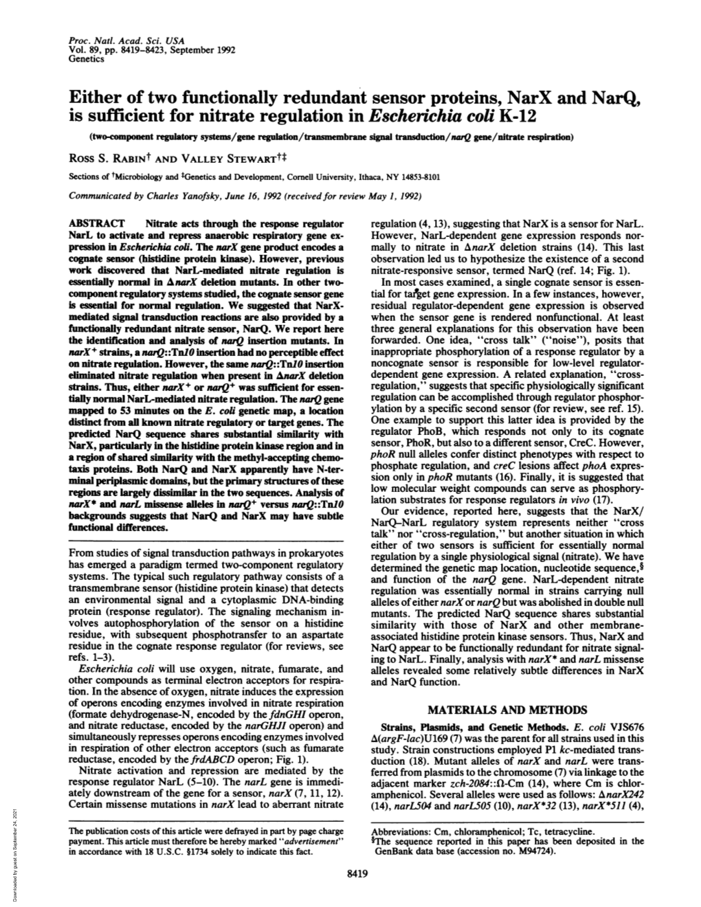 Either of Two Functionally Redundant Sensor Proteins, Narx and Narq