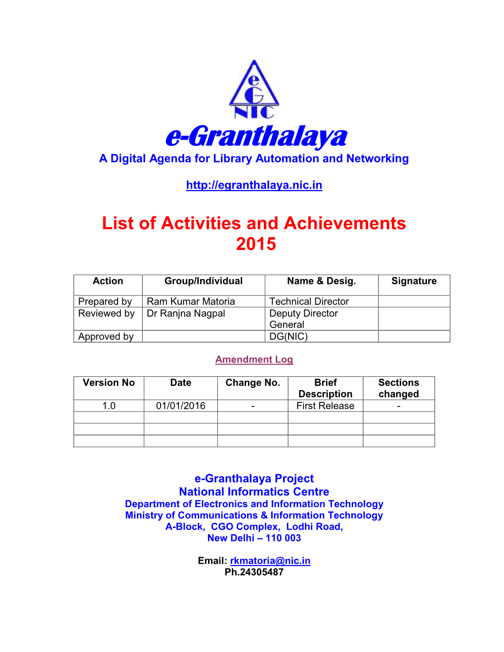 List of Activities and Achievements 2015