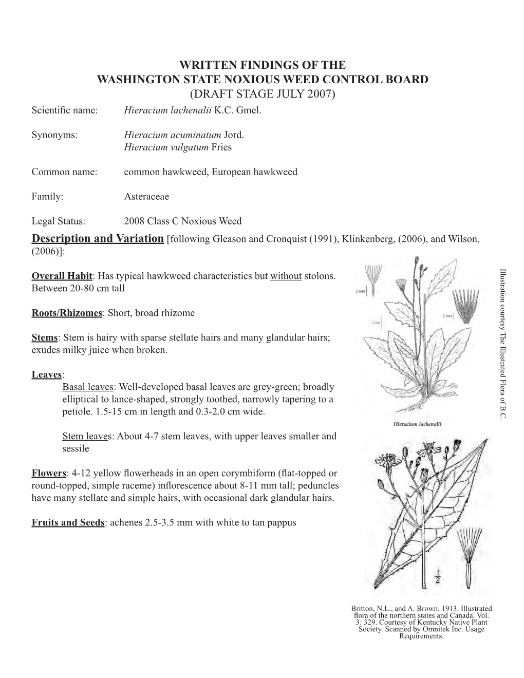Written Findings of the Washington State Noxious Weed Control Board: Hieracium Lachenalii (Common Hawkweed)