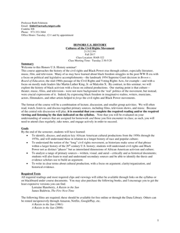 This Course Approaches the History of the Civil Rights and Black Power Eras Through Culture, Especially Literature, Music, Film, and Television