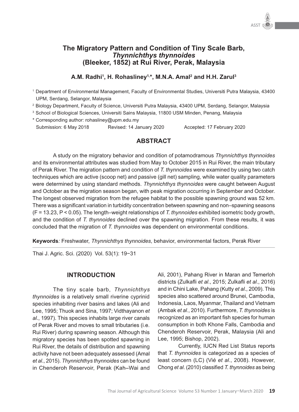 The Migratory Pattern and Condition of Tiny Scale Barb, Thynnichthys Thynnoides (Bleeker, 1852) at Rui River, Perak, Malaysia