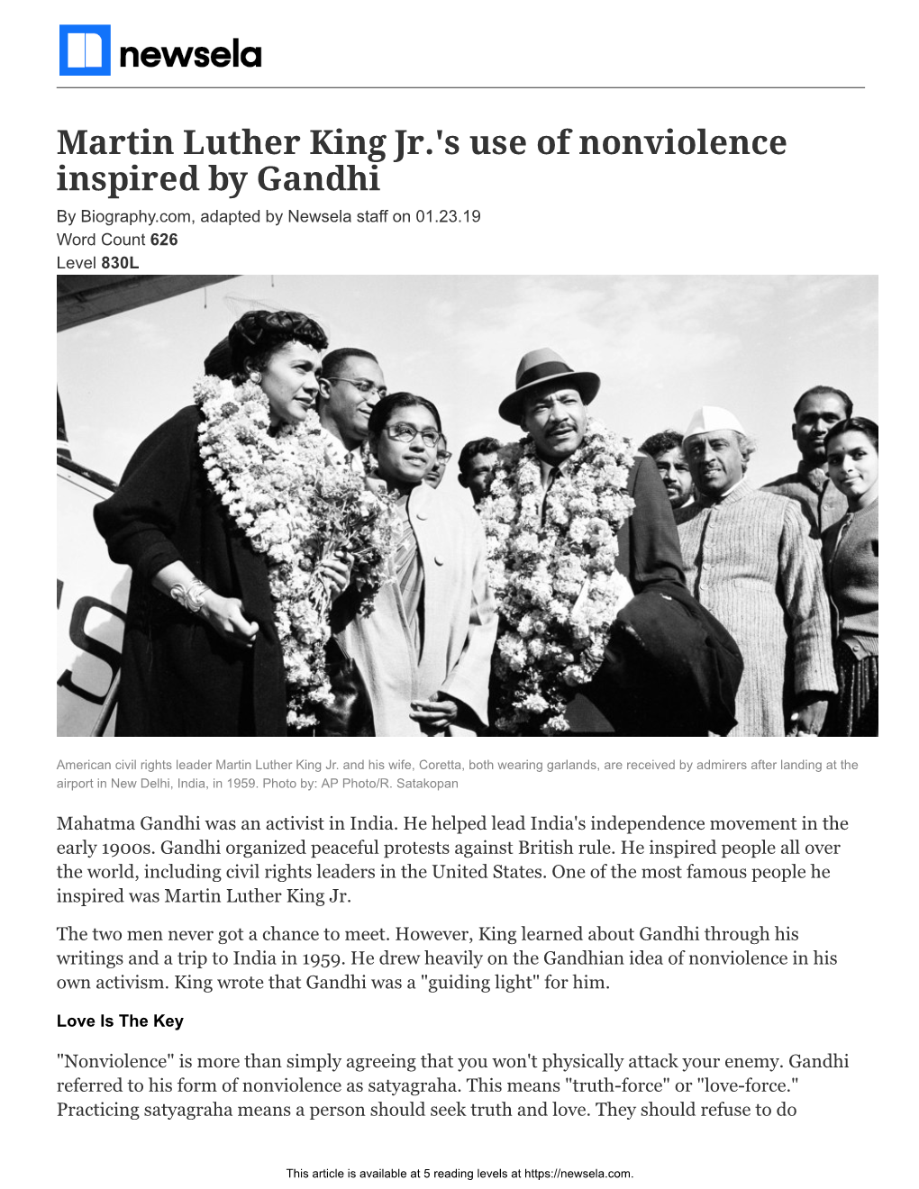 Martin Luther King Jr.'S Use of Nonviolence Inspired by Gandhi by Biography.Com, Adapted by Newsela Staff on 01.23.19 Word Count 626 Level 830L