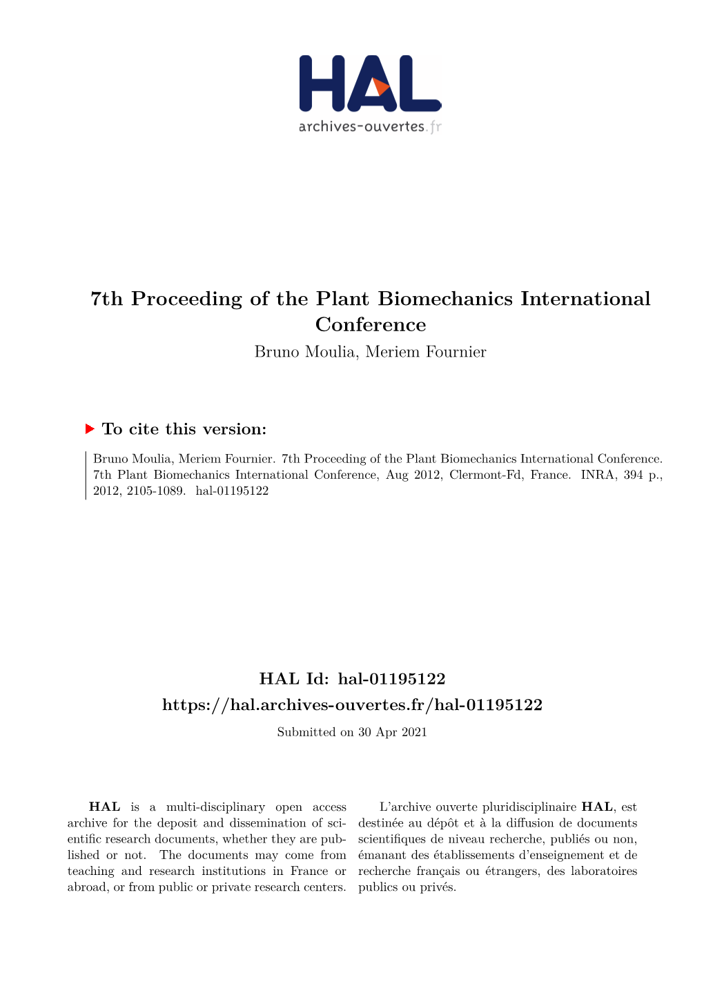 7Th Proceeding of the Plant Biomechanics International Conference Bruno Moulia, Meriem Fournier