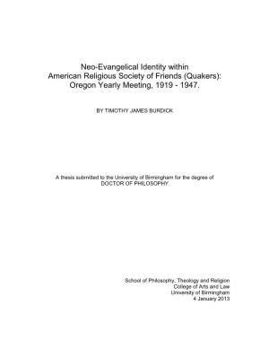 Neo-Evangelical Identity with American Religious Society of Friends (Quakers): Oregon Yearly Meeting, 1919-1947