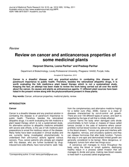 Review on Cancer and Anticancerous Properties of Some Medicinal Plants