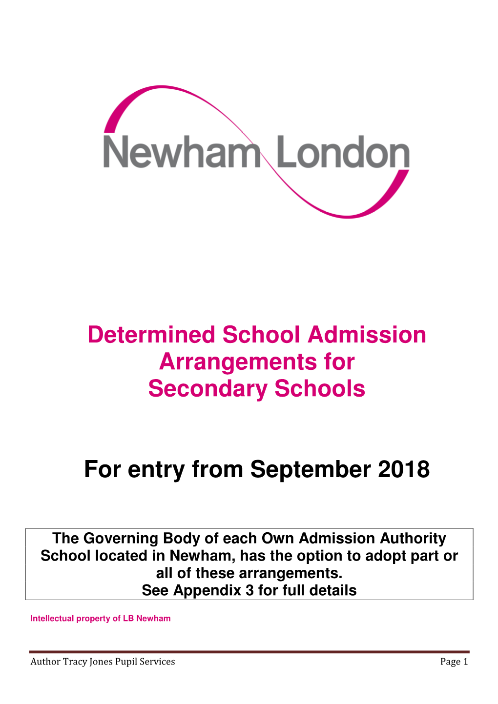 Determined School Admission Arrangements for Secondary Schools for Entry from September 2018