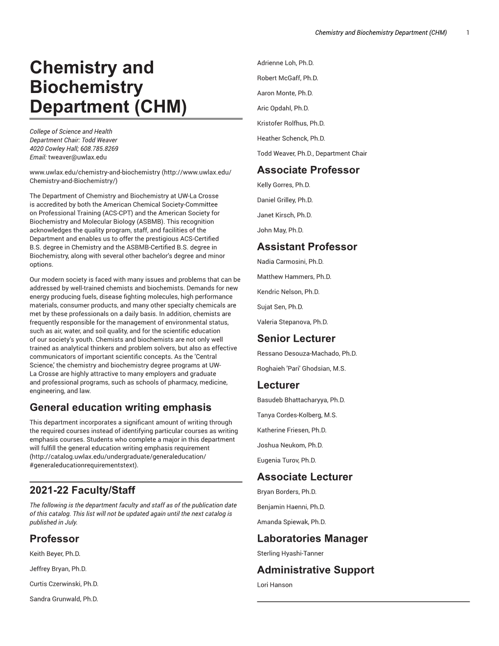 Chemistry and Biochemistry Department (CHM) 1