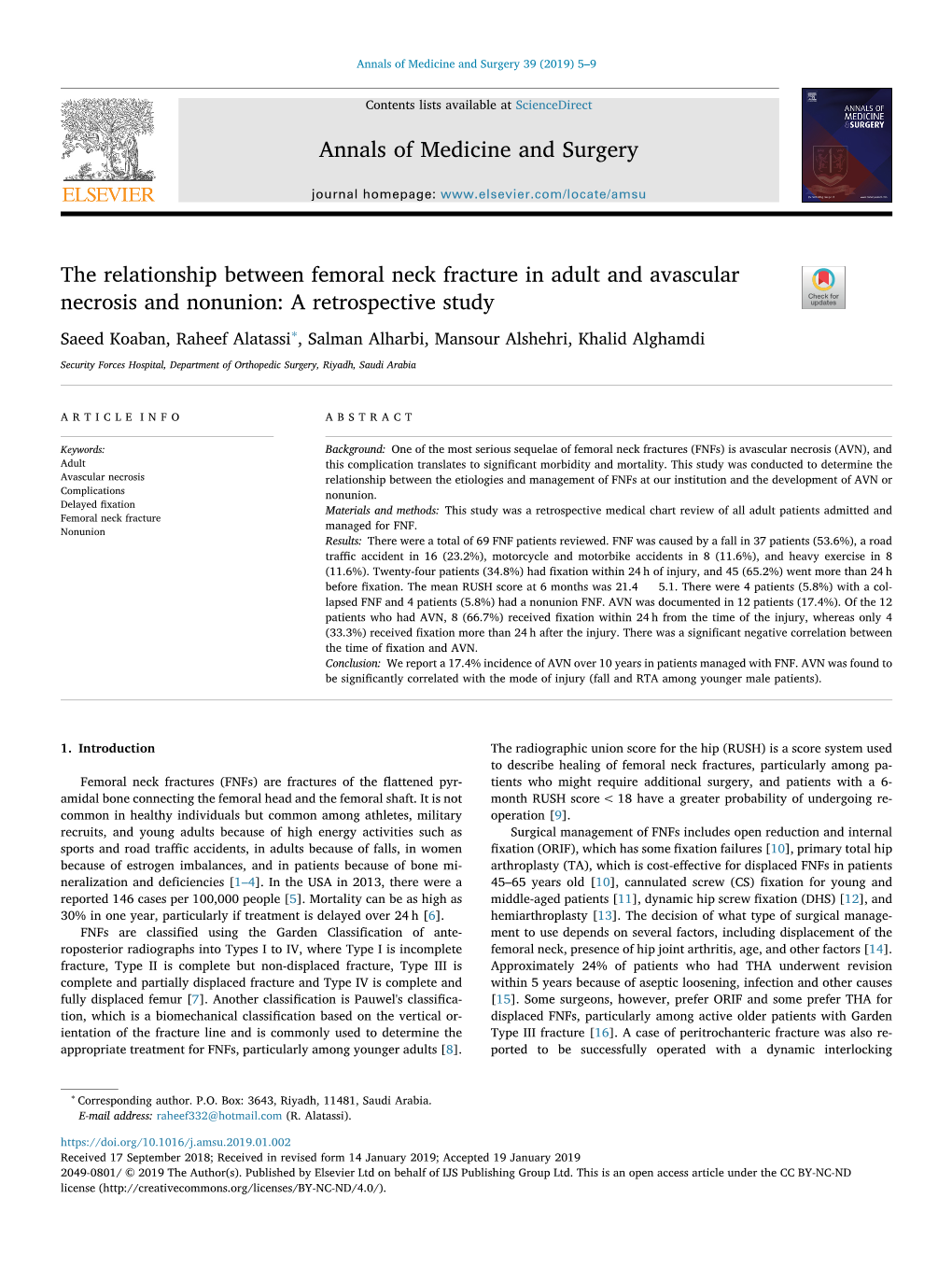 The Relationship Between Femoral Neck Fracture in Adult and Avascular Necrosis and Nonunion: a Retrospective Study T