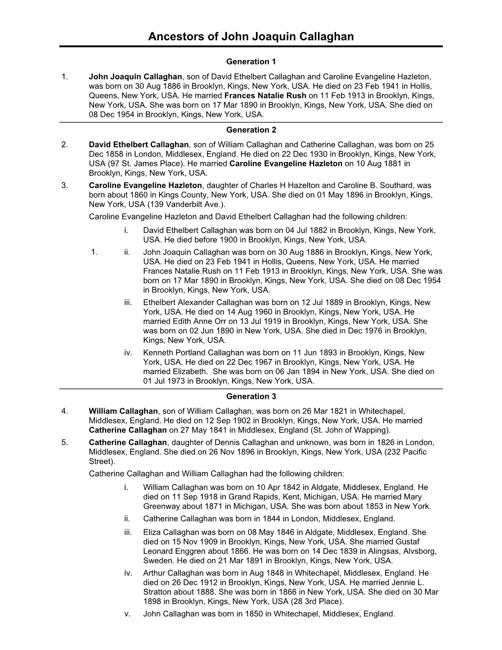 Ancestors of John Joaquin Callaghan