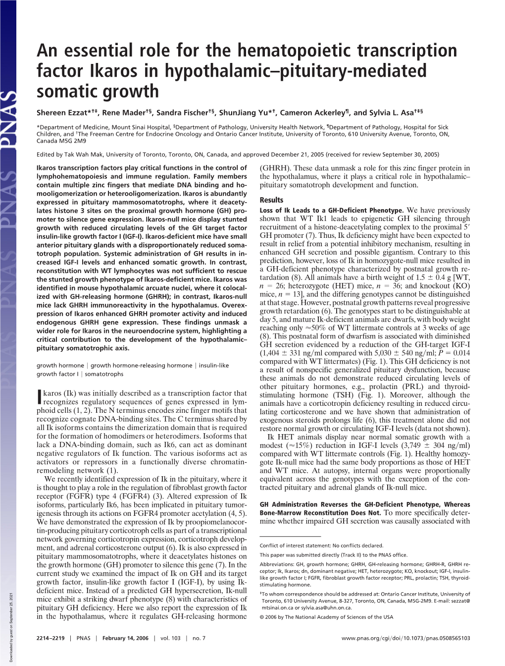 An Essential Role for the Hematopoietic Transcription Factor Ikaros in Hypothalamic–Pituitary-Mediated Somatic Growth