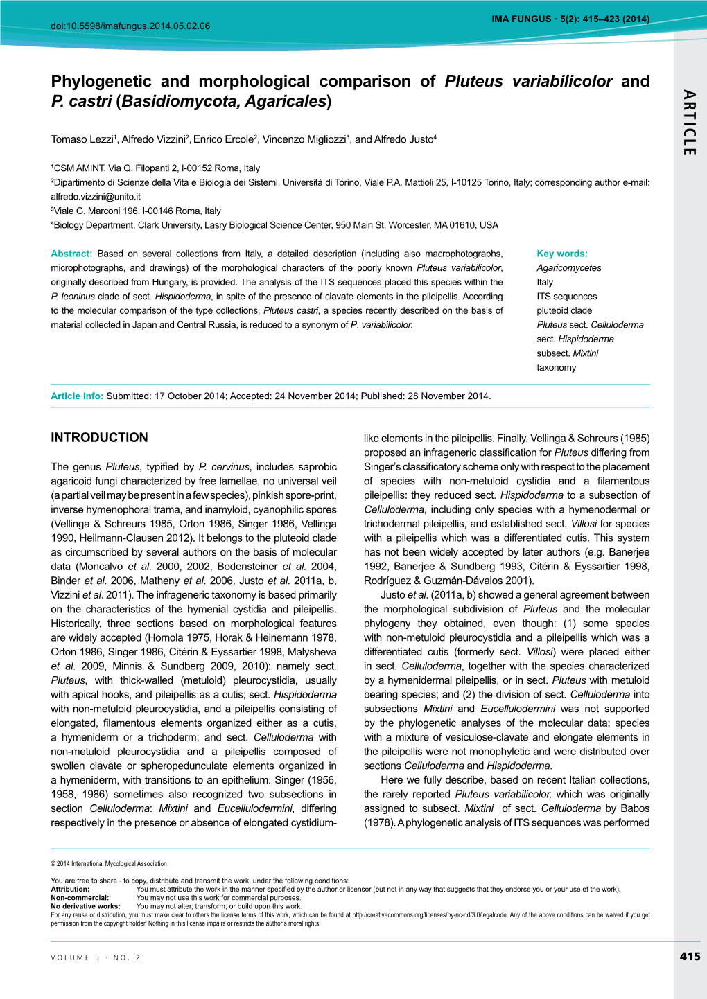 AR TICLE Phylogenetic and Morphological Comparison of Pluteus Variabilicolor and P. Castri (Basidiomycota, Agaricales)