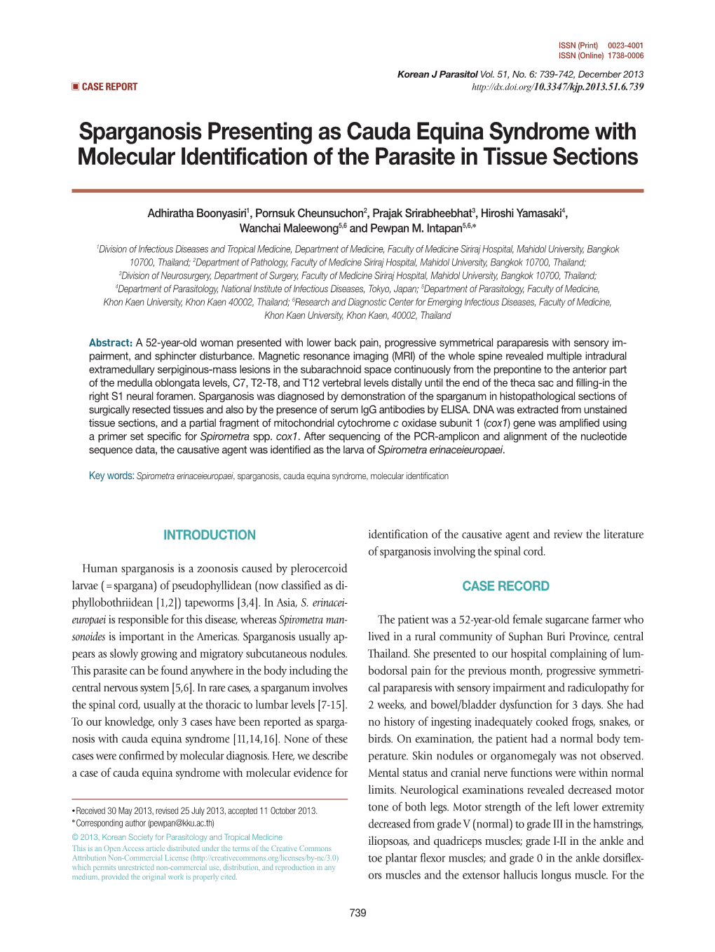 Sparganosis Presenting As Cauda Equina Syndrome with Molecular Identification of the Parasite in Tissue Sections